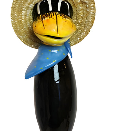 Raven with and straw hat and blue scarf from Goose and Company
