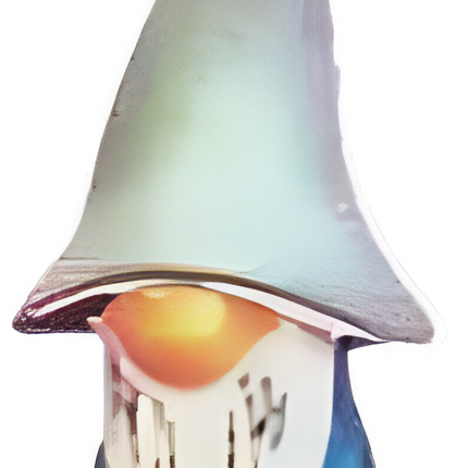 gnome with a grey hat, white beard, and blue body