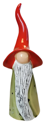 Gnome figurine with a red hat, green body, and white beard