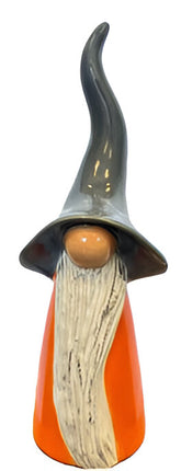 Decorative gnome figure with a long black hat, orange body, and white beard on a white background