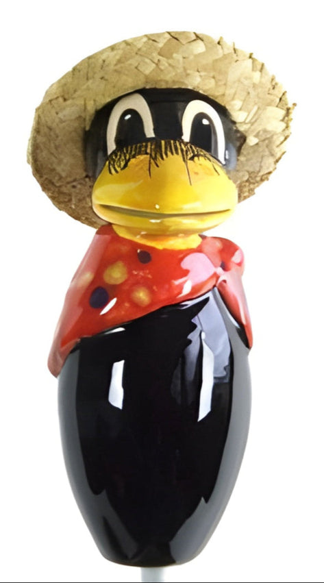 Raven with and straw hat and red base scarf with polka dots from Goose and Company