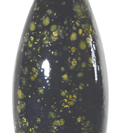 Decorative cat-shaped object with black and green speckled body, red ears, and white face on a white background.