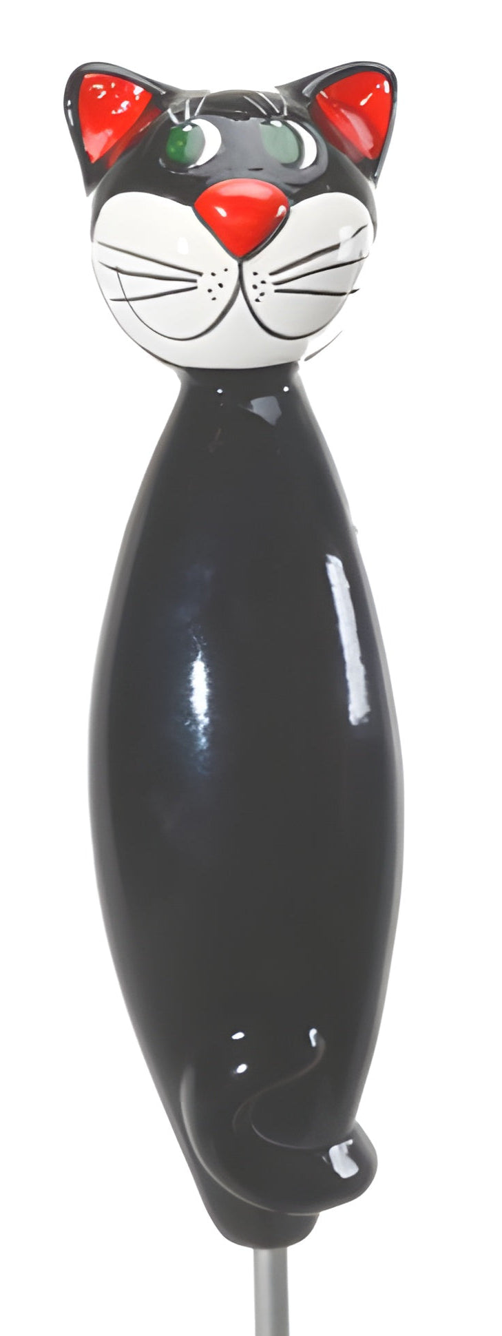 Black cat-shaped object with red eyes and a white face on a white background from Goose and Company. this object is frost resistant