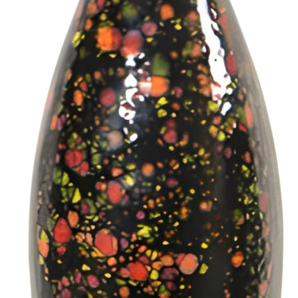 Black bodied 12in cat with multicolored accent spots, red ears, and playful green eyes from Goose and Company