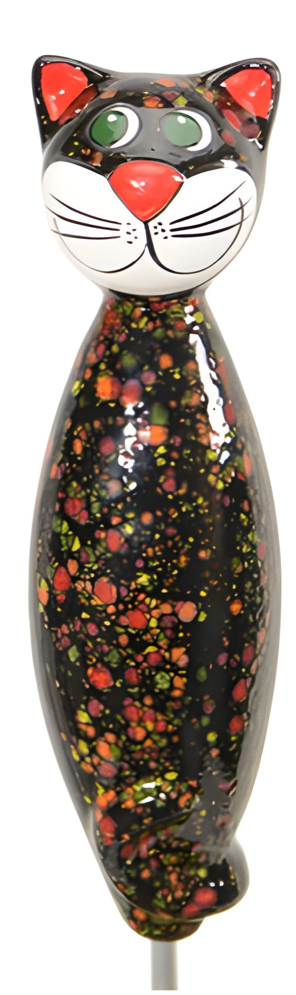 Black bodied 12in cat with multicolored accent spots, red ears, and playful green eyes from Goose and Company
