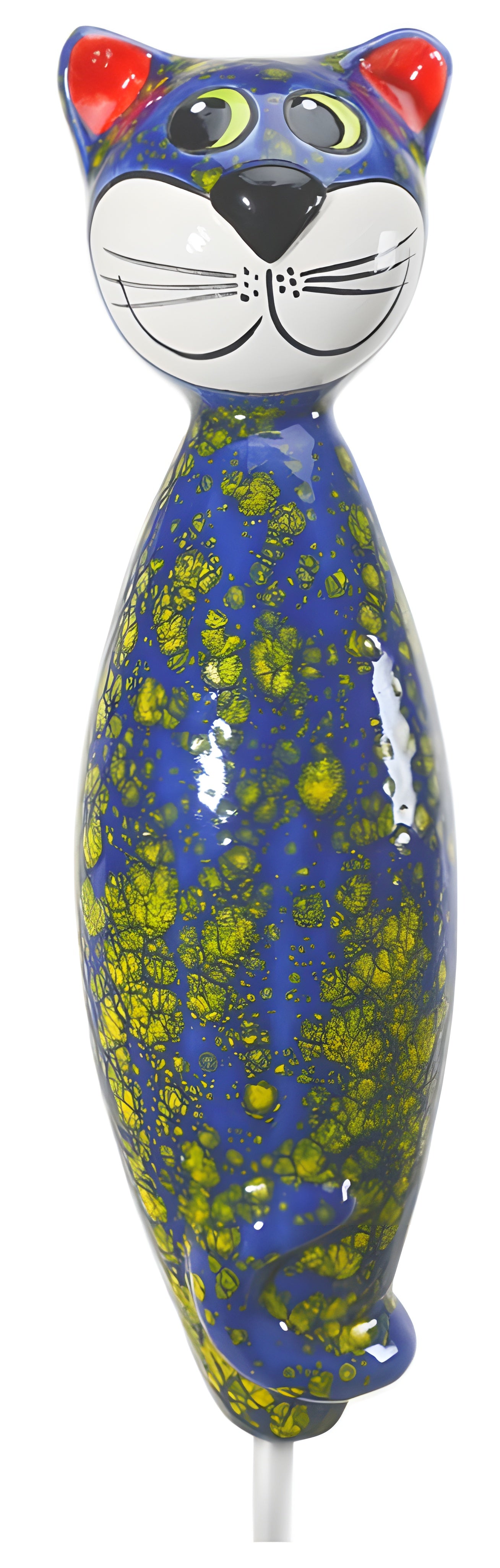 Colorful cat-shaped object with blue body and yellow spots on a white background from Goose and Company
