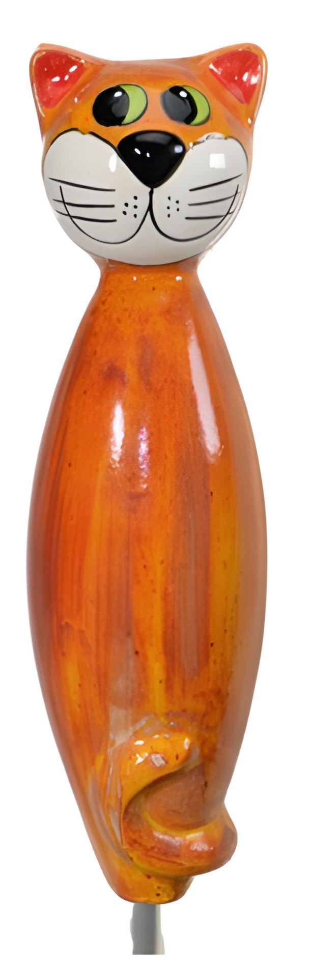 Cat-shaped garden stake with orange body and white face on a white background. from Goose and Company. this object is frost resistant