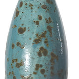 Decorative cat-shaped object with a blue body, brown spots, and red ears on a white background from Goose and Company. this object is frost resistant