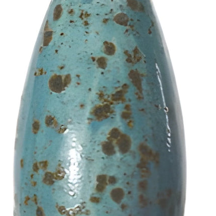 Decorative cat-shaped object with a blue body, brown spots, and red ears on a white background from Goose and Company. this object is frost resistant