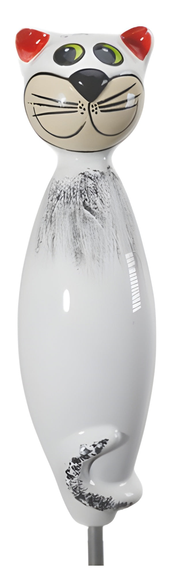 Decorative cat-shaped object with a white body and red ears on a white background from Goose and Company. this object is frost resistant