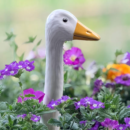 Medium Ceramic Goose Garden Statue, Medium Hand Painted Czech Goose Neck Yard Art, White Goose Decor for Planters, Pots & Flower Beds