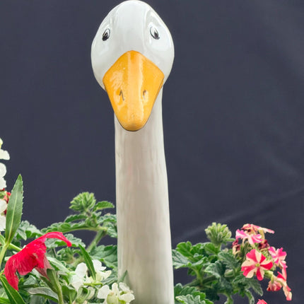 Medium Ceramic Goose Garden Statue, Medium Hand Painted Czech Goose Neck Yard Art, White Goose Decor for Planters, Pots & Flower Beds